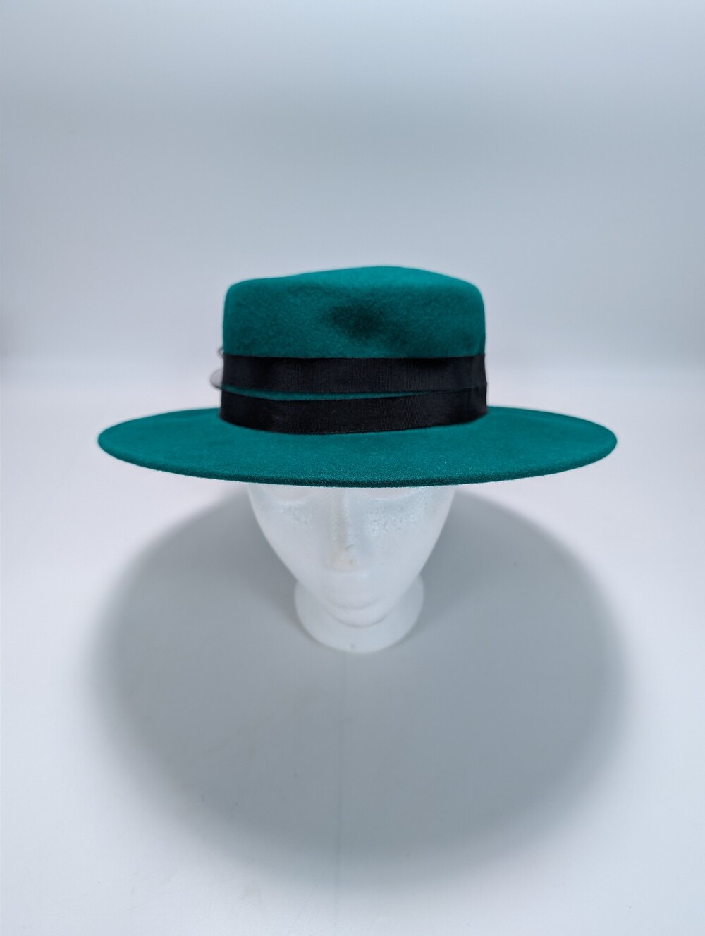 Vintage Bollman Hat Co Emerald Green Boater Hat with Sheer Tulle Bow Accent